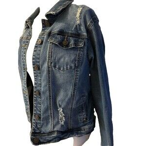 Ensean Womens 1X stretch Denim jacket, distressed/destroyed, pre-loved